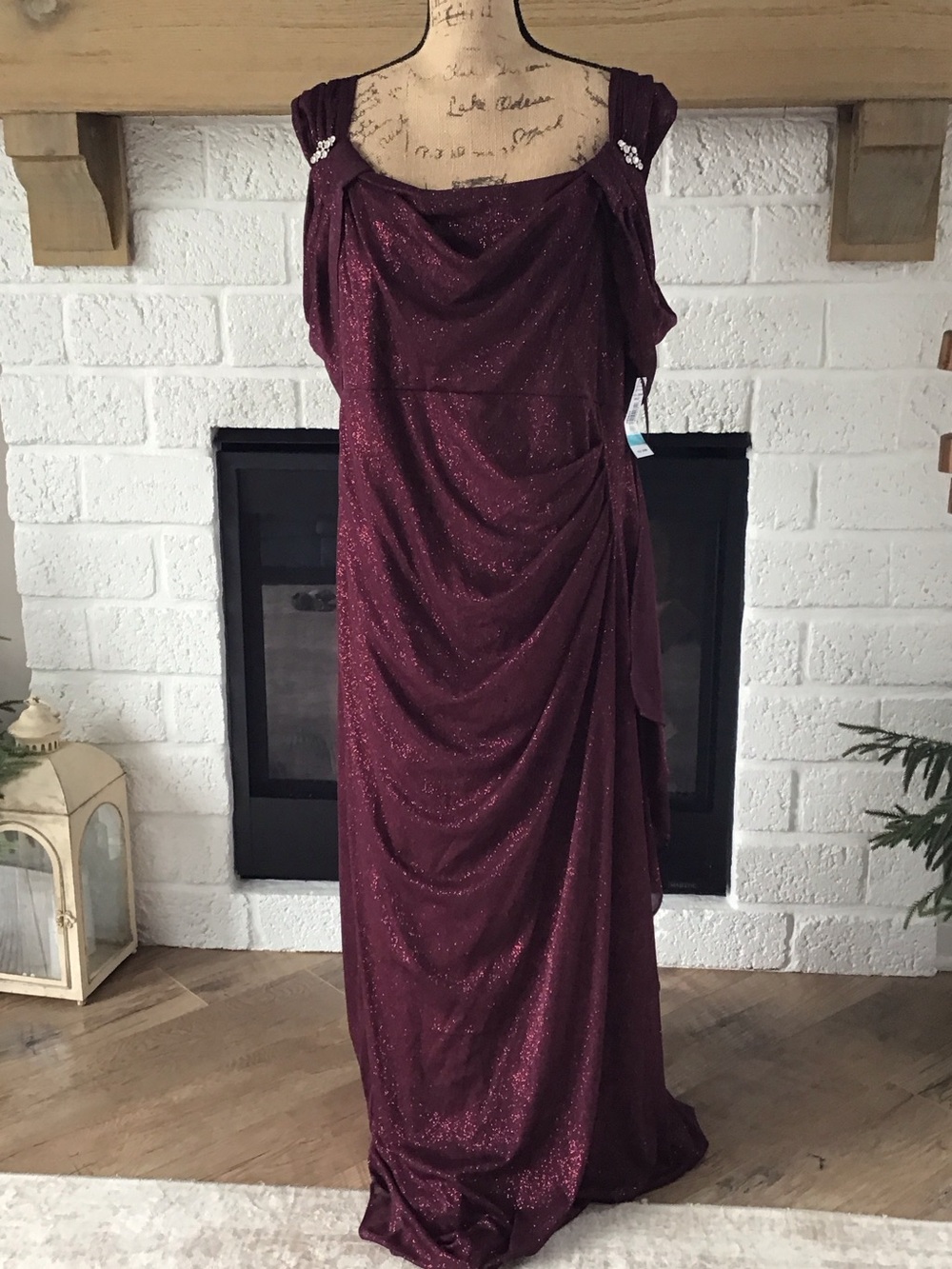 R&M Richards Glittering Plum Cowl Maxi Gown